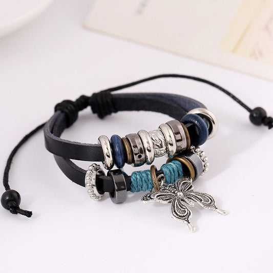 Großes Schmetterlings-Anhänger-Lederarmband Perlenarmband aus Leder bylotrend