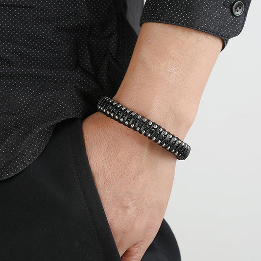 Herren Lederarmband Gewebt Magnetschnalle Schwarz bylotrend