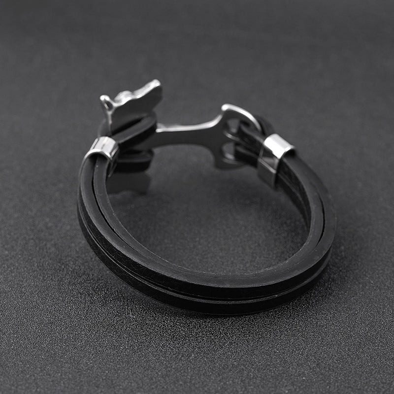 Herren Lederarmband Wolf Schwarz bylotrend