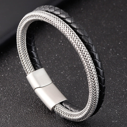 Leder Seil Armband Edelstahl Leder Geflecht
