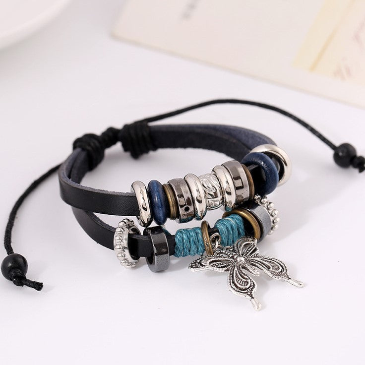 Großes Schmetterlings-Anhänger-Lederarmband Perlenarmband aus Leder bylotrend