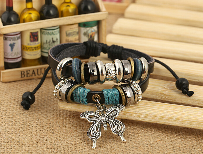 Großes Schmetterlings-Anhänger-Lederarmband Perlenarmband aus Leder bylotrend