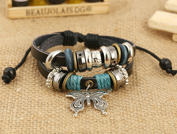 Großes Schmetterlings-Anhänger-Lederarmband Perlenarmband aus Leder bylotrend