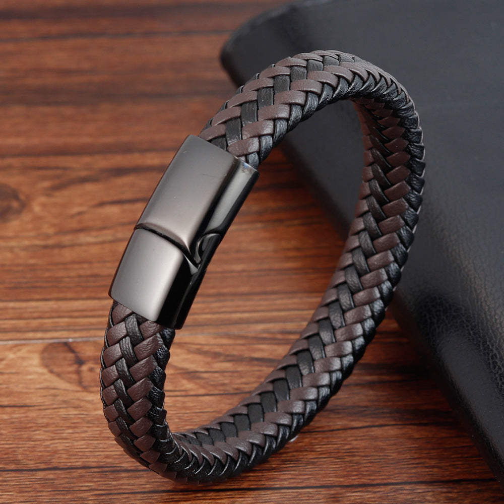 Herren Lederarmband Geflochten Braun Edelstahl bylotrend