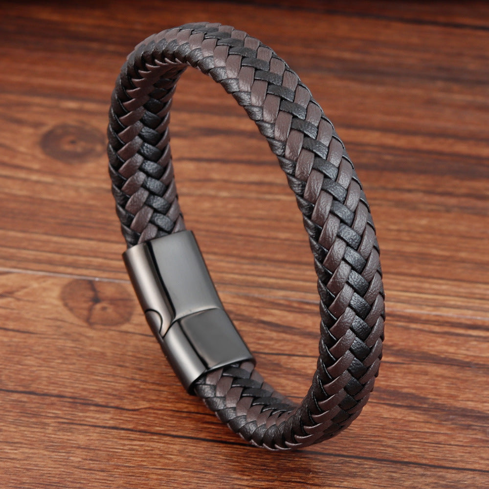 Herren Lederarmband Geflochten Braun Edelstahl bylotrend