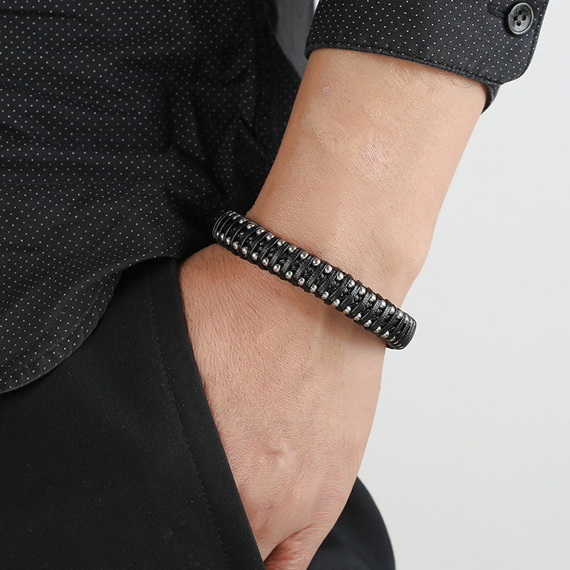Herren Lederarmband Gewebt Magnetschnalle Schwarz bylotrend