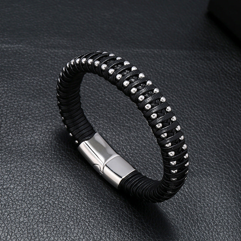Herren Lederarmband Gewebt Magnetschnalle Schwarz bylotrend