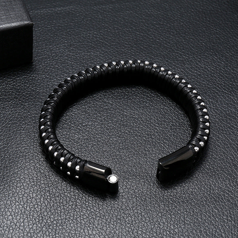 Herren Lederarmband Gewebt Magnetschnalle Schwarz bylotrend