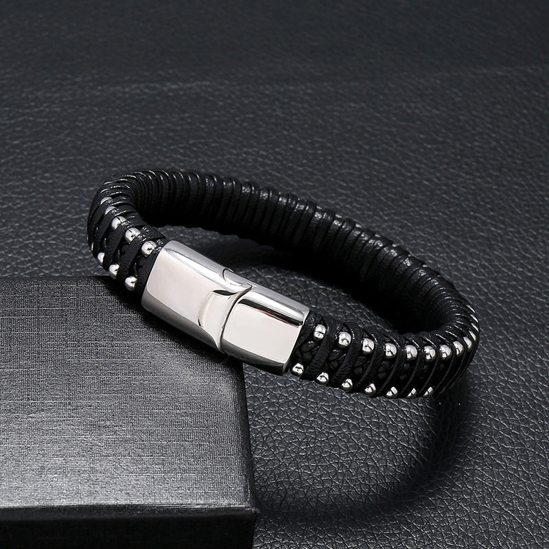 Herren Lederarmband Gewebt Magnetschnalle Schwarz bylotrend