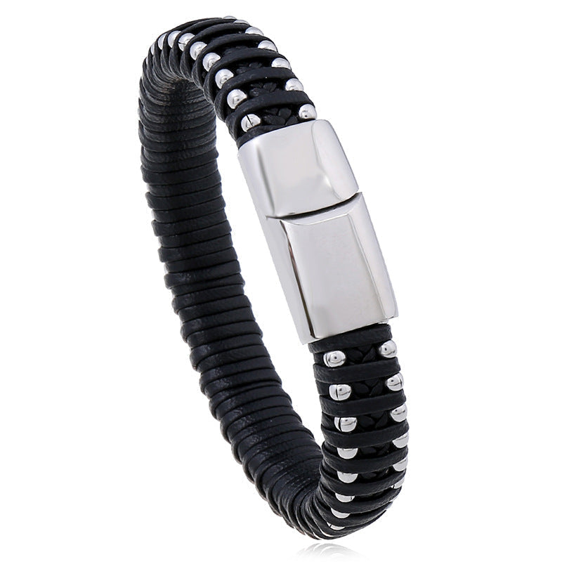 Herren Lederarmband Gewebt Magnetschnalle Schwarz bylotrend