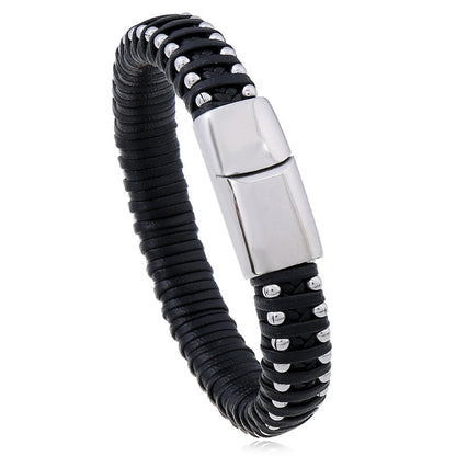 Herren Lederarmband Gewebt Magnetschnalle Schwarz bylotrend