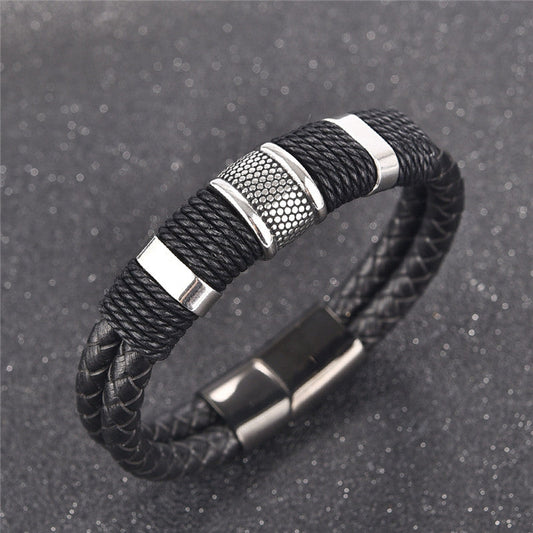 Herren Lederarmband Gewebt Schwarz bylotrend