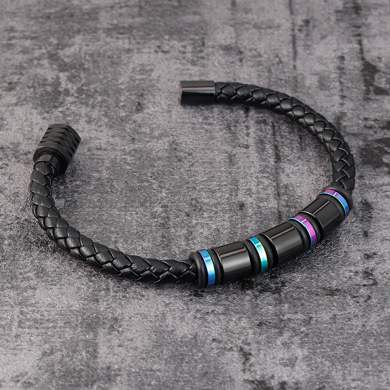 Herren Lederarmband Schwarz Titanium bylotrend