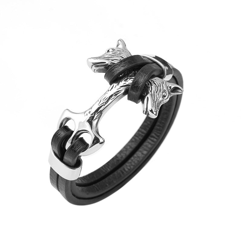 Herren Lederarmband Wolf Schwarz bylotrend