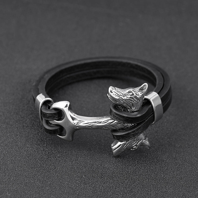 Herren Lederarmband Wolf Schwarz bylotrend