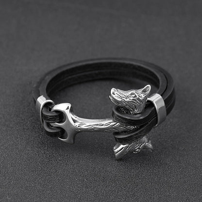 Herren Lederarmband Wolf Schwarz bylotrend