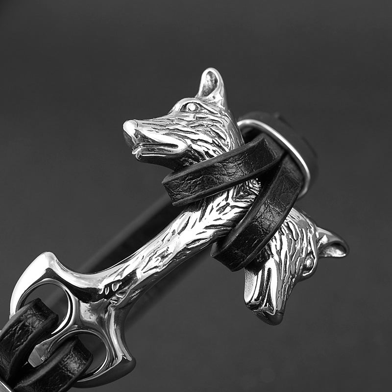 Herren Lederarmband Wolf Schwarz bylotrend