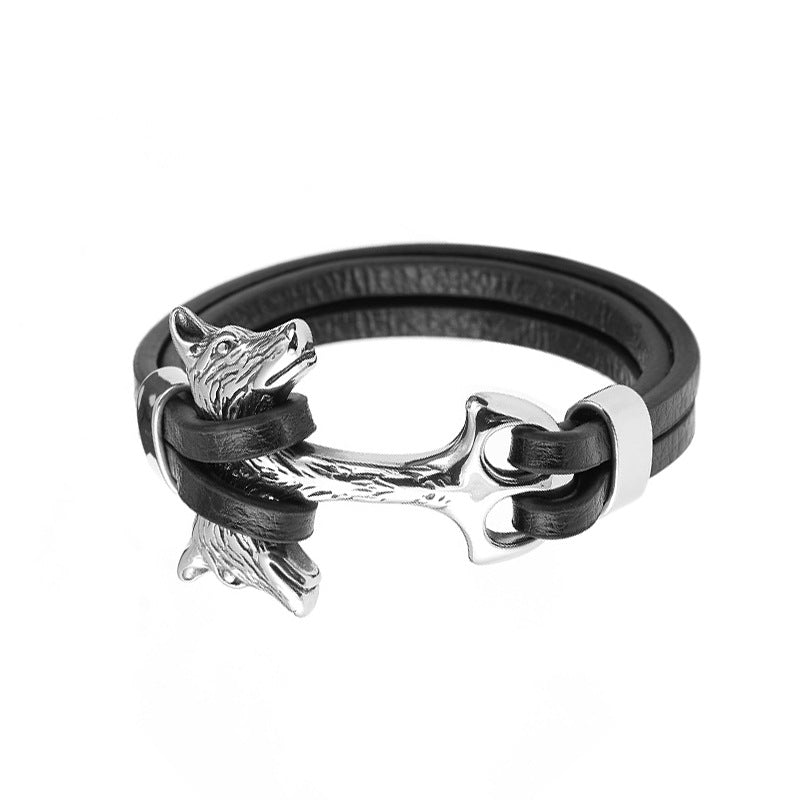 Herren Lederarmband Wolf Schwarz bylotrend