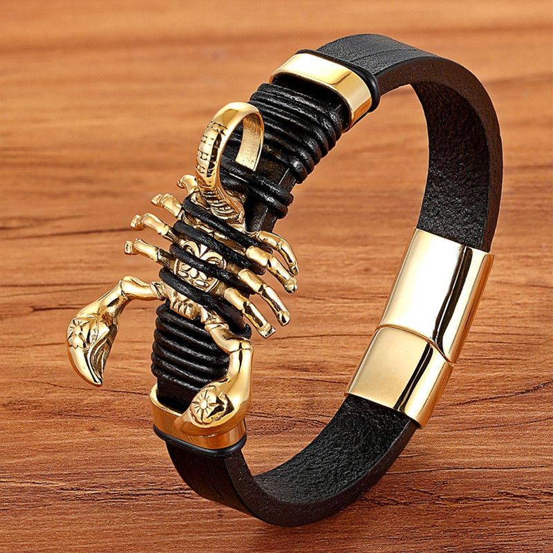 Herren Skorpion Lederarmband Gold Skorpion Leder bylotrend