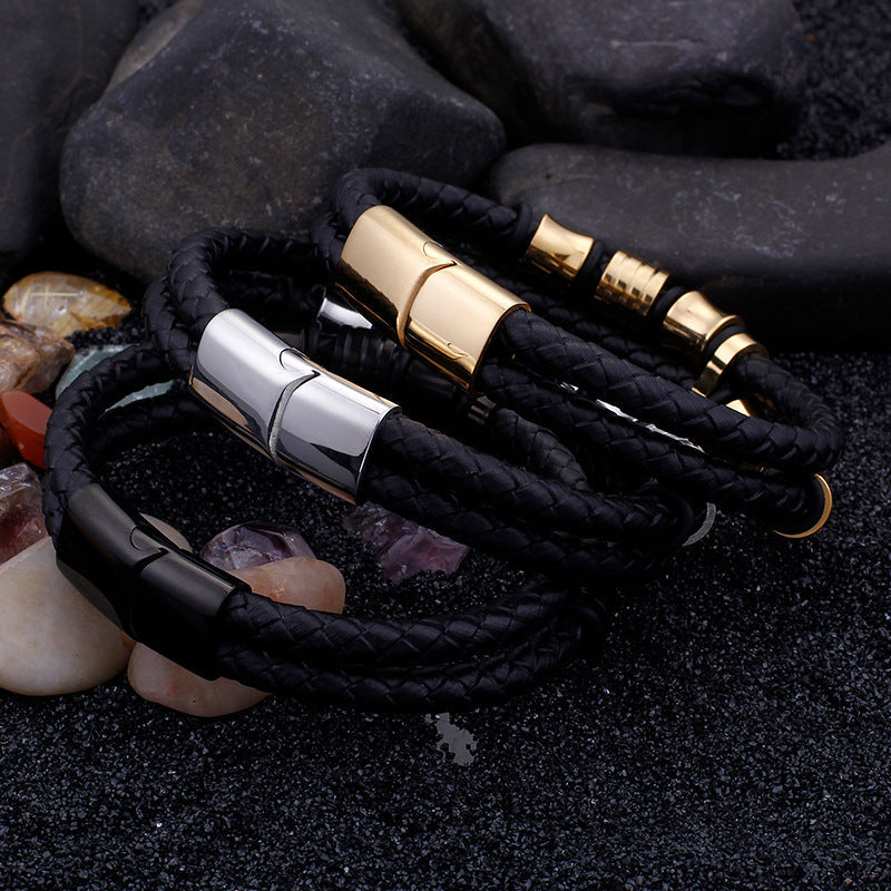 Lederarmband Herren Schwarz Gold bylotrend